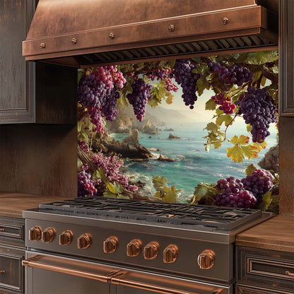 Coastal Grapevine – Tempered Glass Backsplash for Stove | Vineyard Ocean View Backsplash