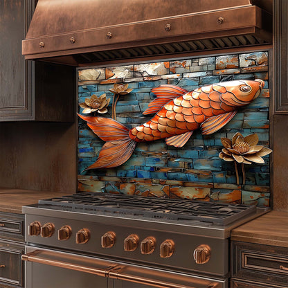 Copper Koi – Tempered Glass Backsplash for Kitchen | Fish and Lotus Copper Look Backsplash