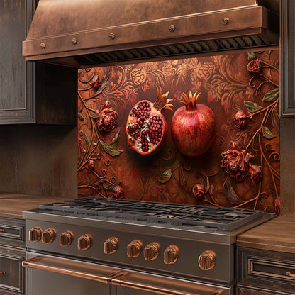 Pomegranate Bloom – Tempered Glass Backsplash | Red Fruit & Floral Kitchen Backsplash