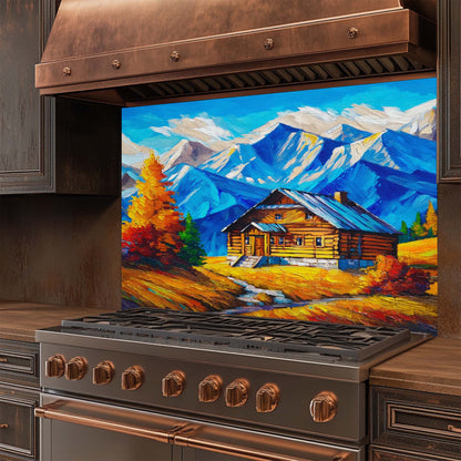 Mountain Cabin Glow – Tempered Glass Backsplash for Kitchen | Rustic Cabin Backsplash