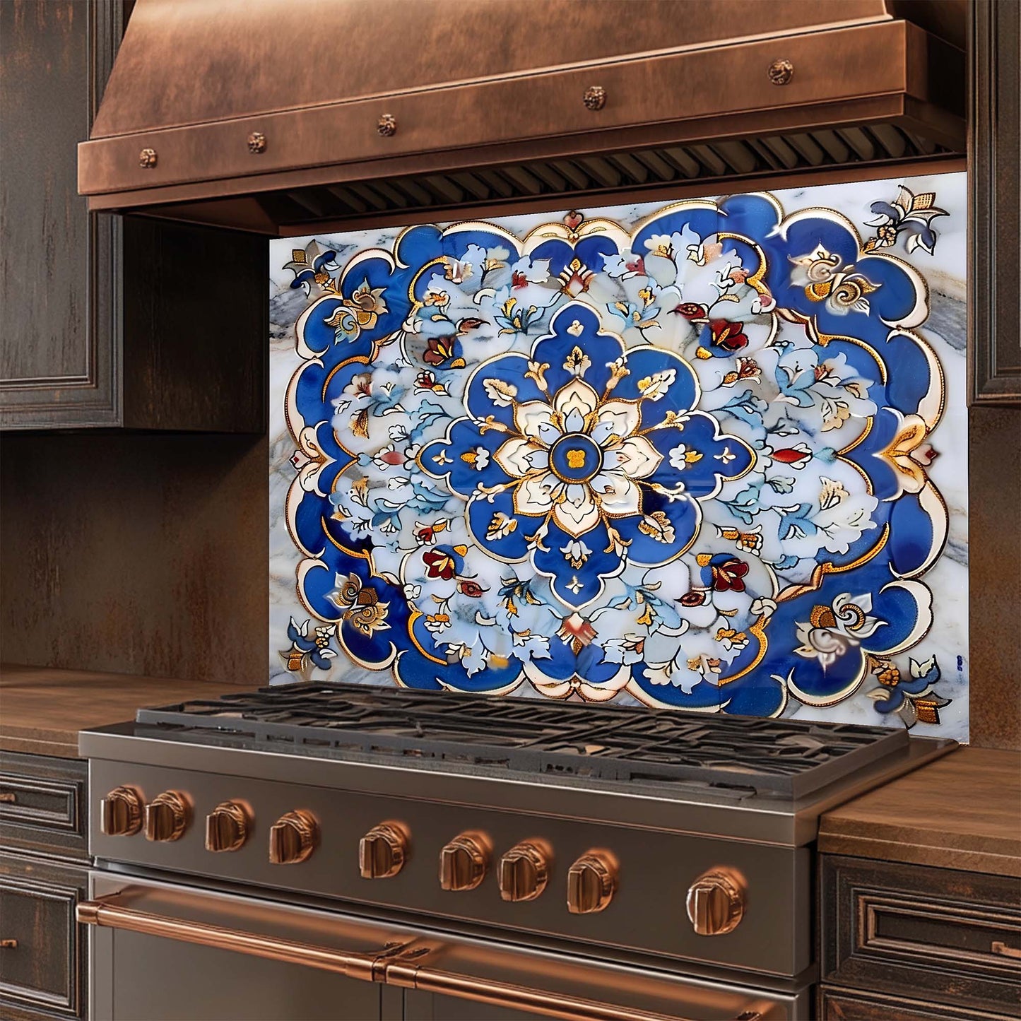 Royal Blue Mandala – Tempered Glass Backsplash for Kitchen – Floral Tile Splashback