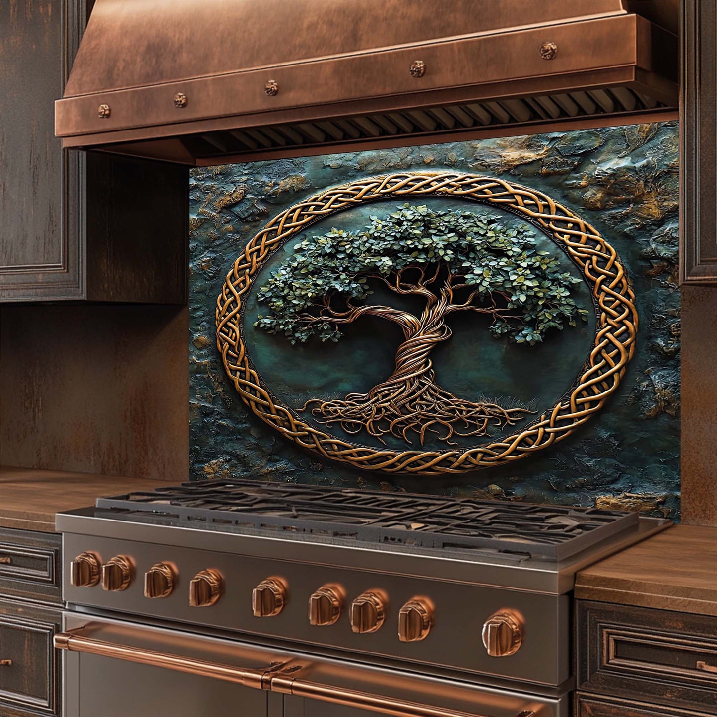 Emerald Roots – Tree of Life Tempered Glass Backsplash | Copper Celtic Kitchen Backsplash