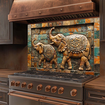 Elephant March Mosaic Tempered Glass Backsplash | Artistic Stove Glass Backsplash