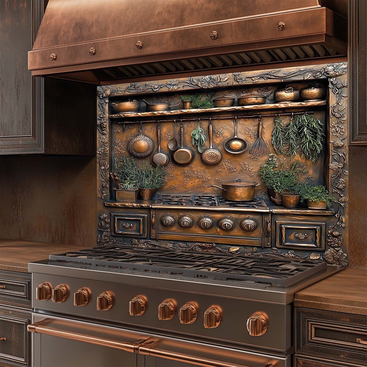 Herbal Charm – Tempered Glass Backsplash for Stove | Copper Look Glass Backsplash