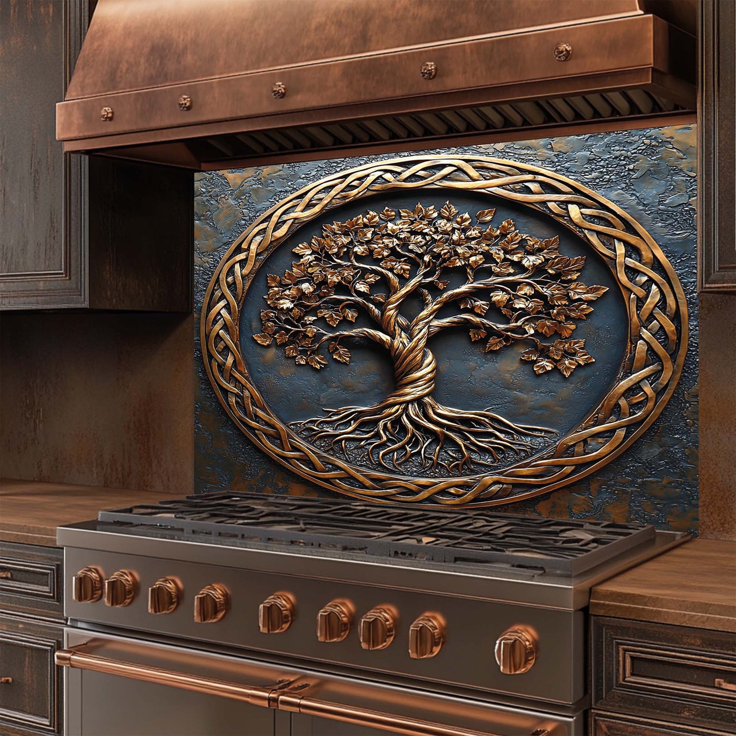 Rooted Soul – Tempered Glass Backsplash for Stove | Tree of Life Copper Look Backsplash