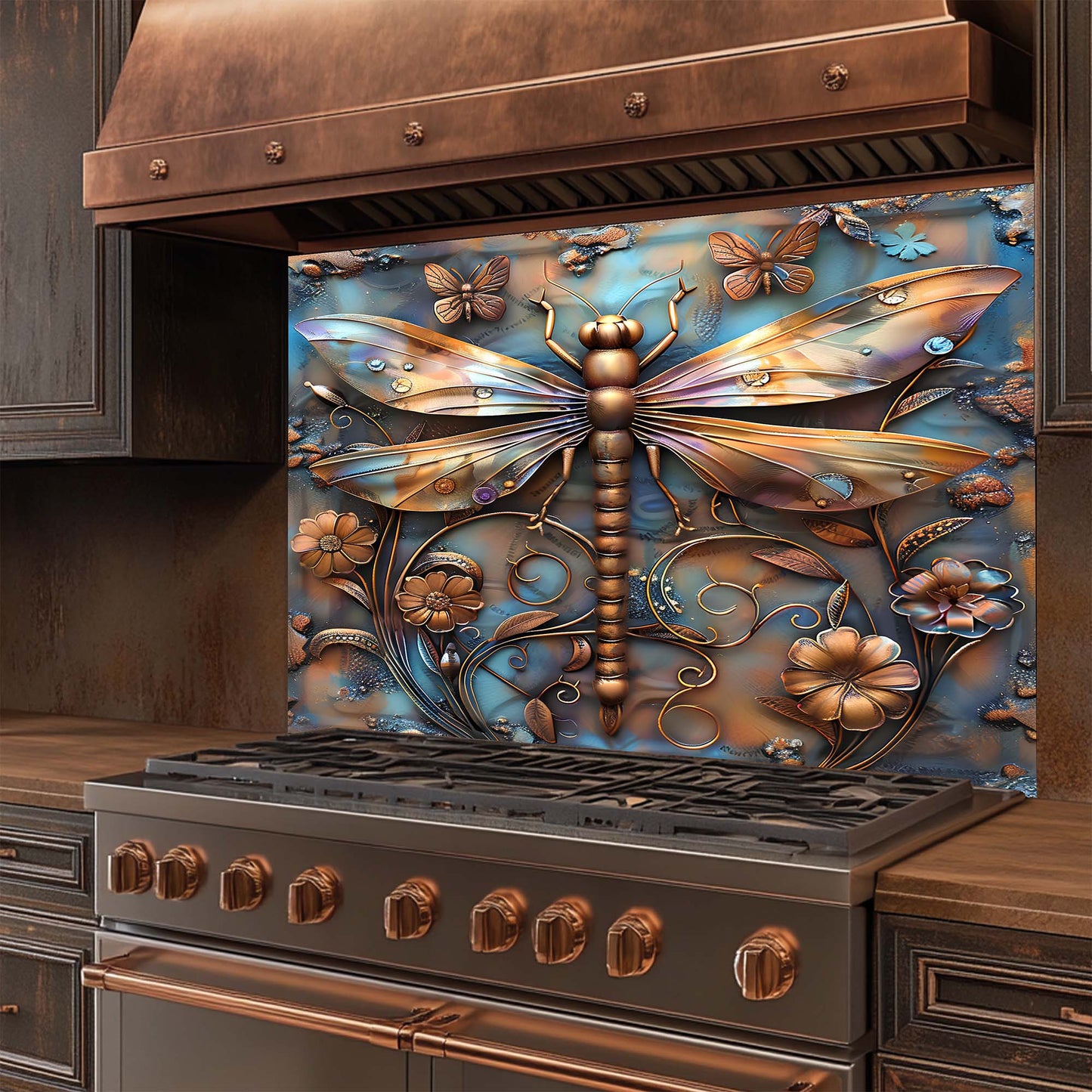 Golden Flight – Tempered Glass Backsplash for Stove | Dragonfly Copper Look Backsplash