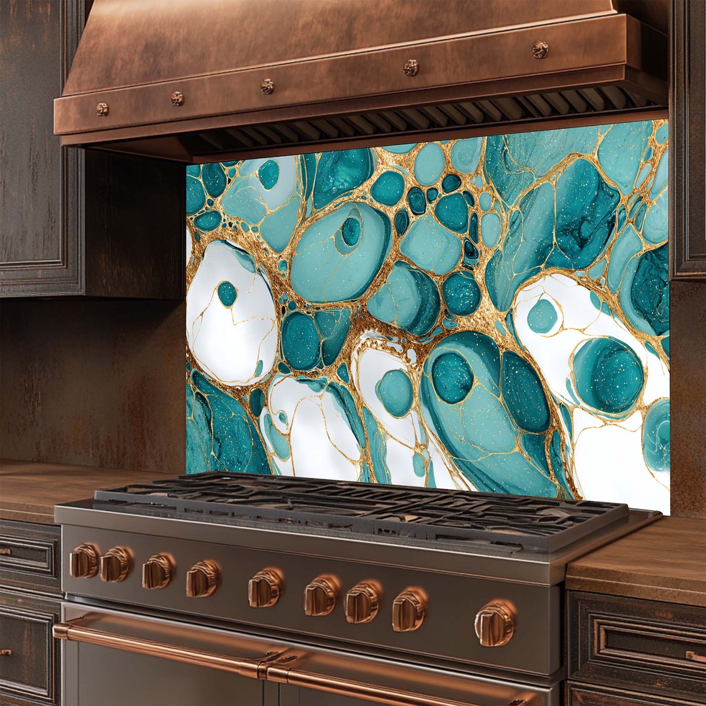 Aqua Veins - Tempered Glass Backsplash for Kitchen | Teal & Gold Fluid Backsplash
