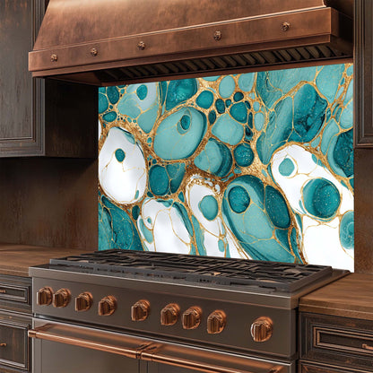 Aqua Veins - Tempered Glass Backsplash for Kitchen | Teal & Gold Fluid Backsplash