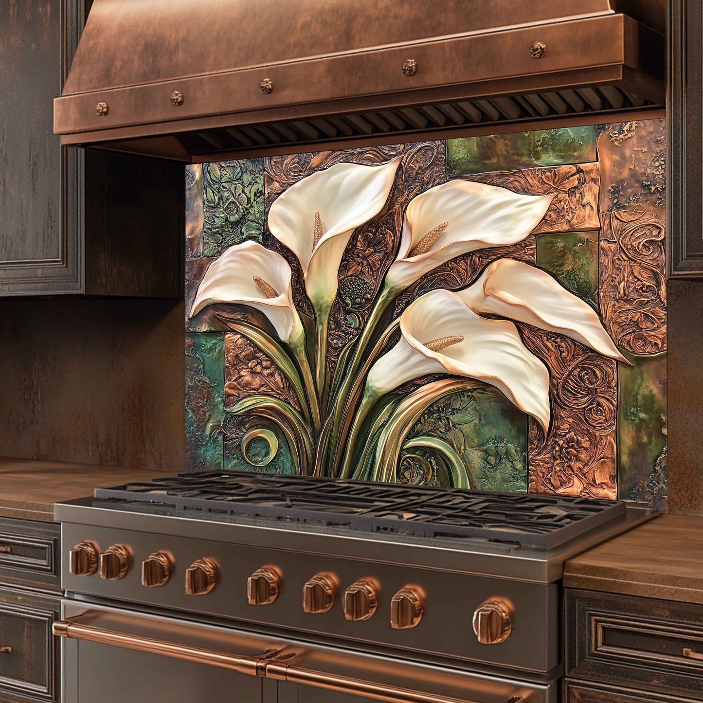 Tempered Glass Kitchen Backsplash With Bronze Calla Bloom Design
