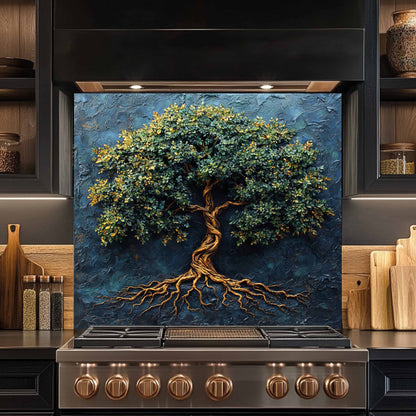 Blue Tree of Life Tempered Glass Backsplash – Kitchen Stove Backsplash