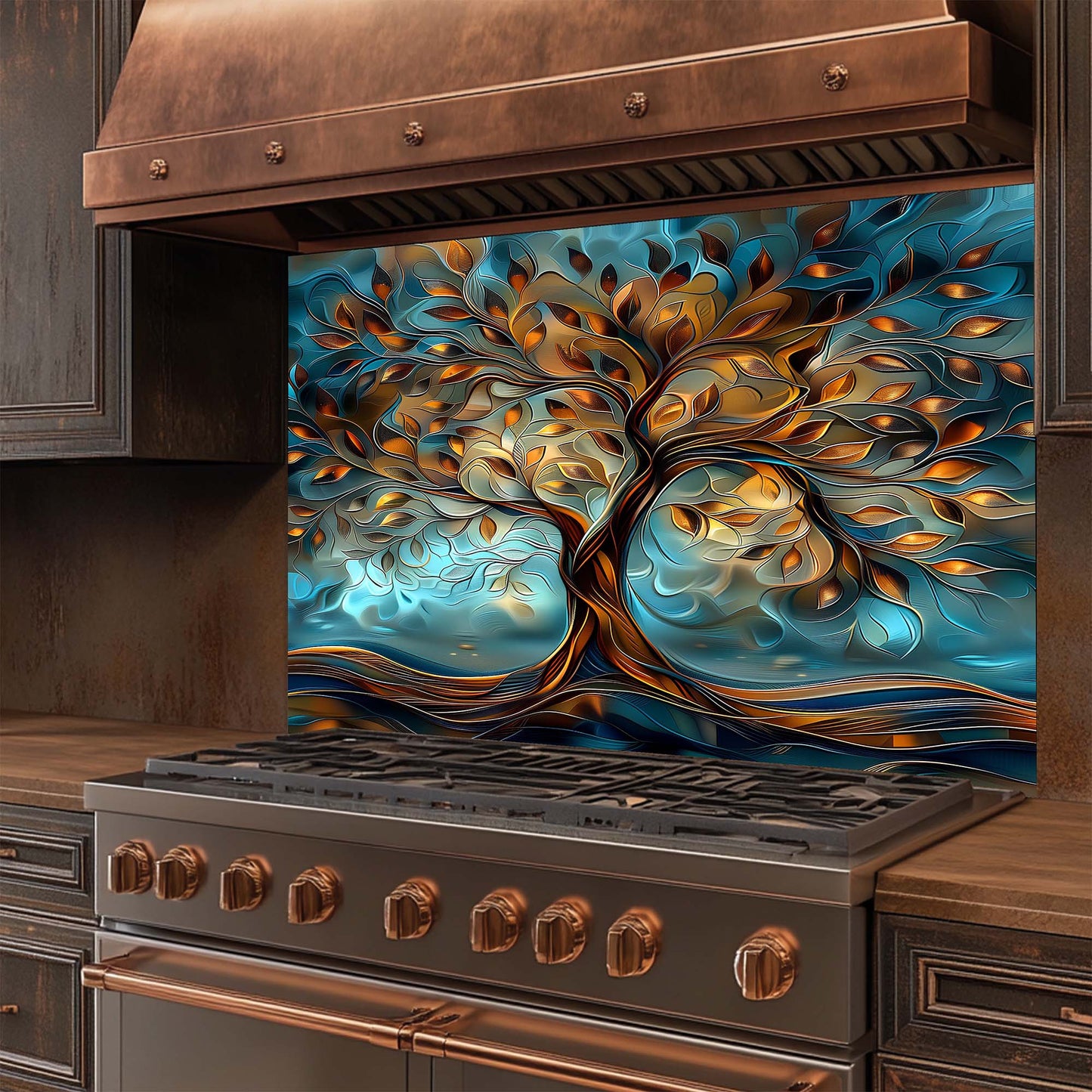 Copper Roots – Tempered Glass Backsplash for Kitchen Stove | Tree of Life Backsplash