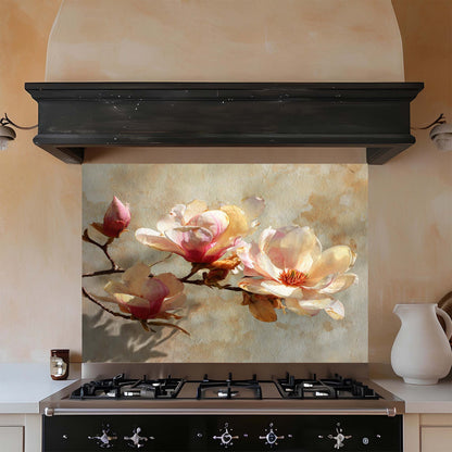 Golden Magnolia – Tempered Glass Backsplash for Kitchen – Vintage Floral Splashback
