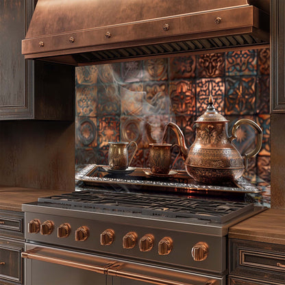 Copper Coffee Ritual – Tempered Glass Backsplash | Turkish Coffee Set Kitchen Backsplash