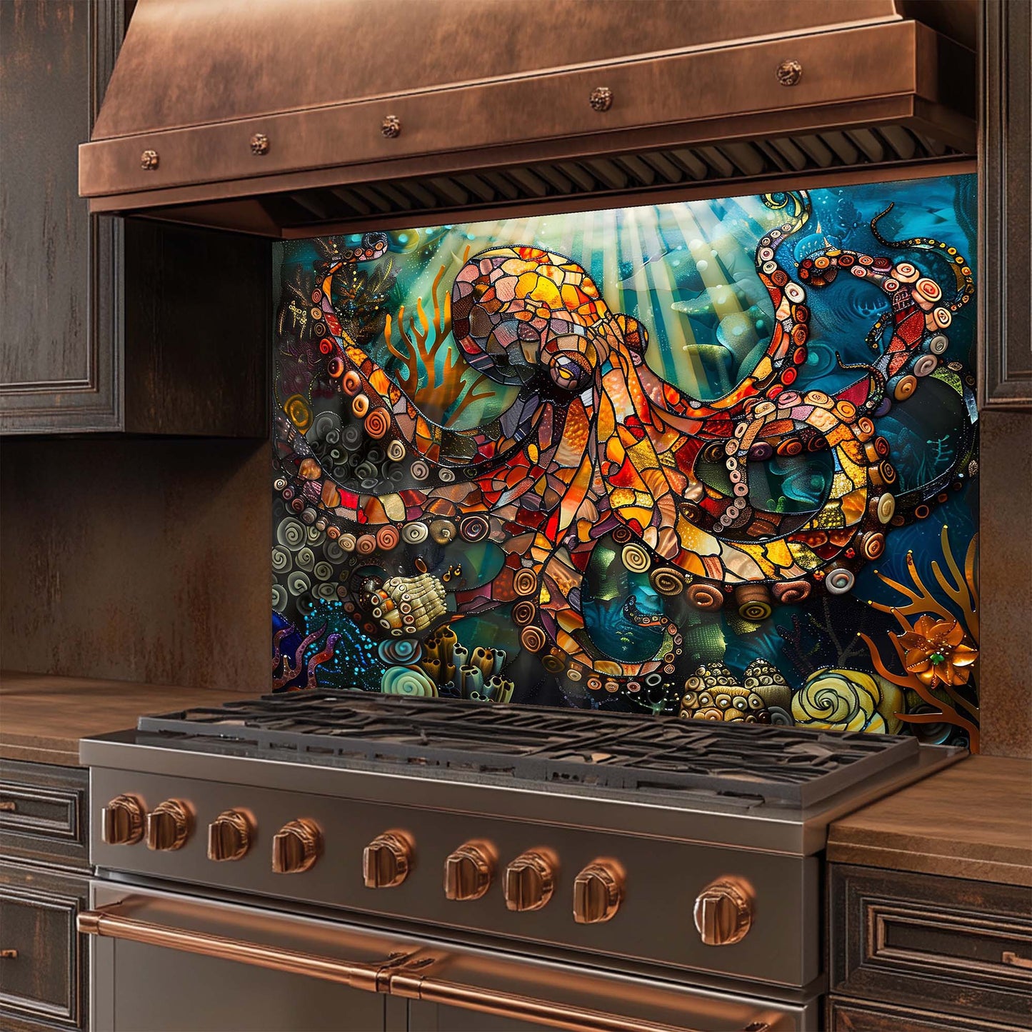 Octopus Odyssey – Tempered Glass Backsplash for Kitchen – Stained Glass Look Splashback