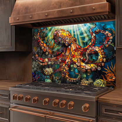 Octopus Odyssey – Tempered Glass Backsplash for Kitchen – Stained Glass Look Splashback