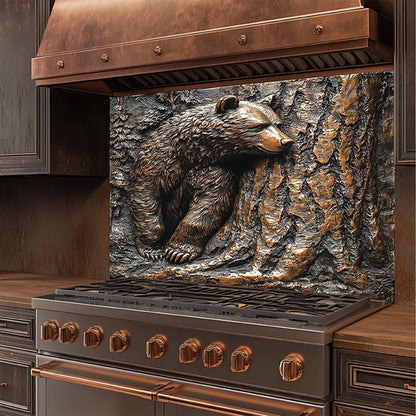 Pine Hide – Tempered Glass Backsplash for Kitchen Stove | Copper Look Bear & Tree Design