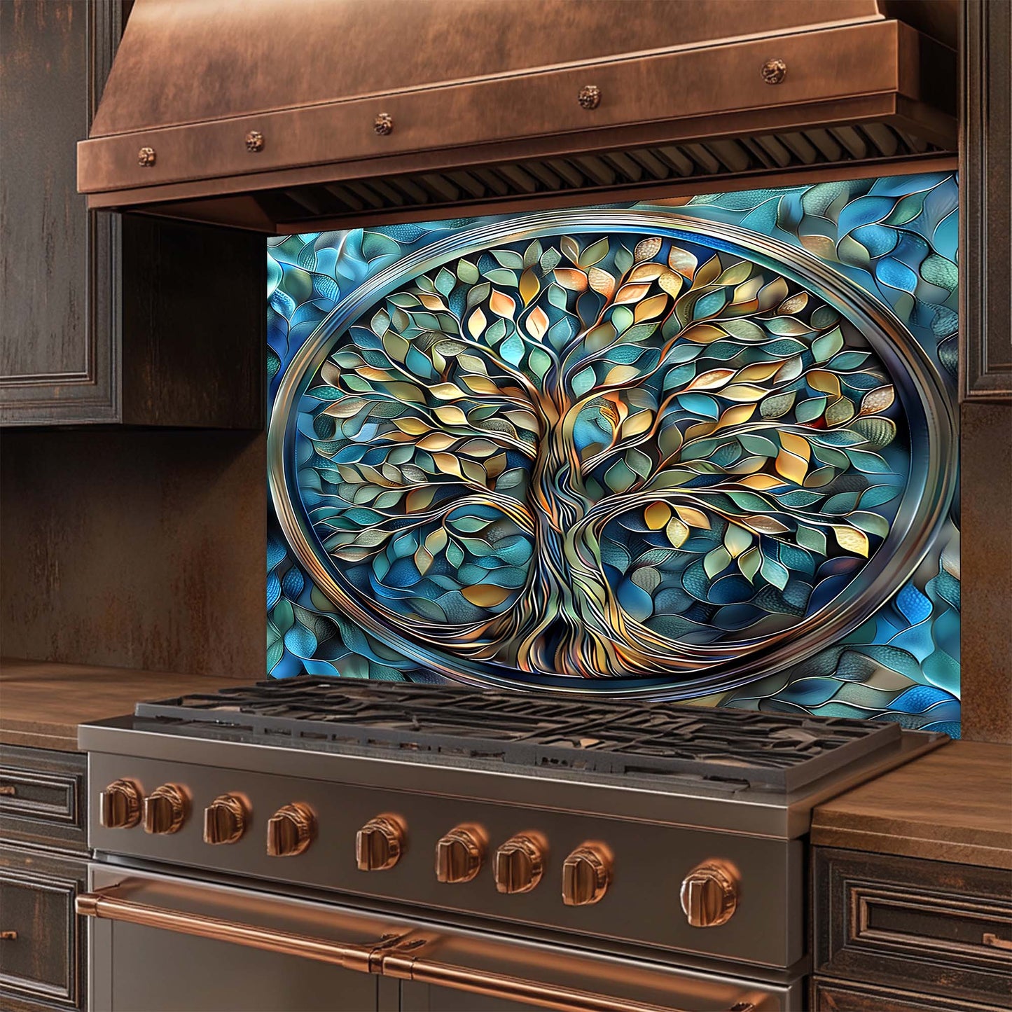Aqua Roots – Tempered Glass Backsplash for Kitchen Stove | Tree of Life Backsplash