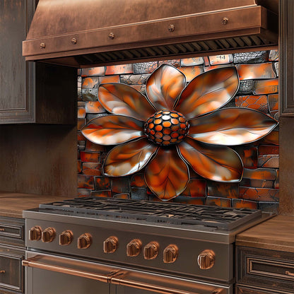 Copper Bloom – Tempered Glass Backsplash for Kitchen | Copper Look Flower Backsplash