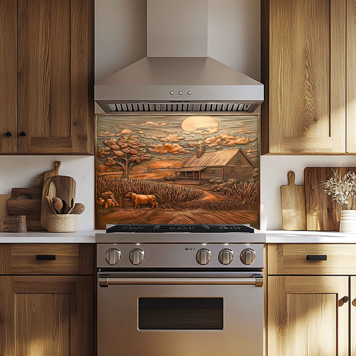 Harvest Home Tempered Glass Backsplash – Rustic Farmhouse Kitchen Backsplash Panel