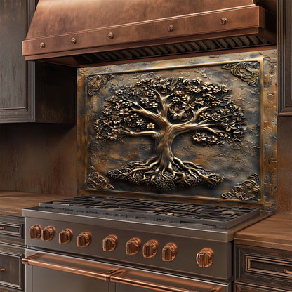 Floral Roots – Tempered Glass Backsplash for Kitchen Stove | Copper Look Tree of Life Backsplash