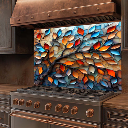 Glassleaf Harmony – Tempered Glass Backsplash for Kitchen Stove | Colorful Branch Backsplash