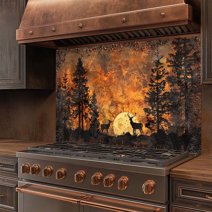 Forest Ember – Tempered Glass Backsplash for Kitchen | Deer & Pine Tree Silhouette Backsplash