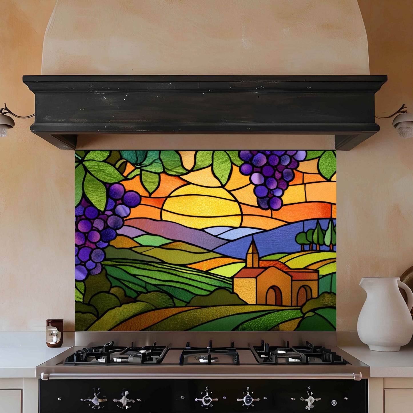 Tempered Glass Backsplash for Kitchen | Stained Glass Grape Vineyard Sunset