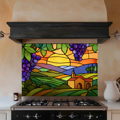 Tempered Glass Backsplash for Kitchen | Stained Glass Grape Vineyard Sunset