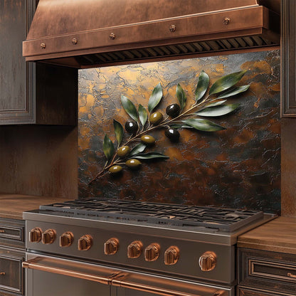 Olive Harmony – Tempered Glass Backsplash for Kitchen Stove | Rustic Olive Branch Backsplash