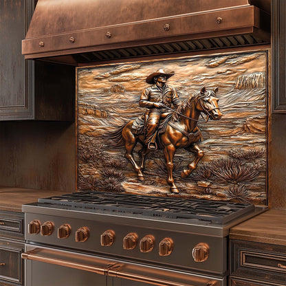 Mesa Rider – Tempered Glass Backsplash with Cowboy and Horse | Landscape Backsplash