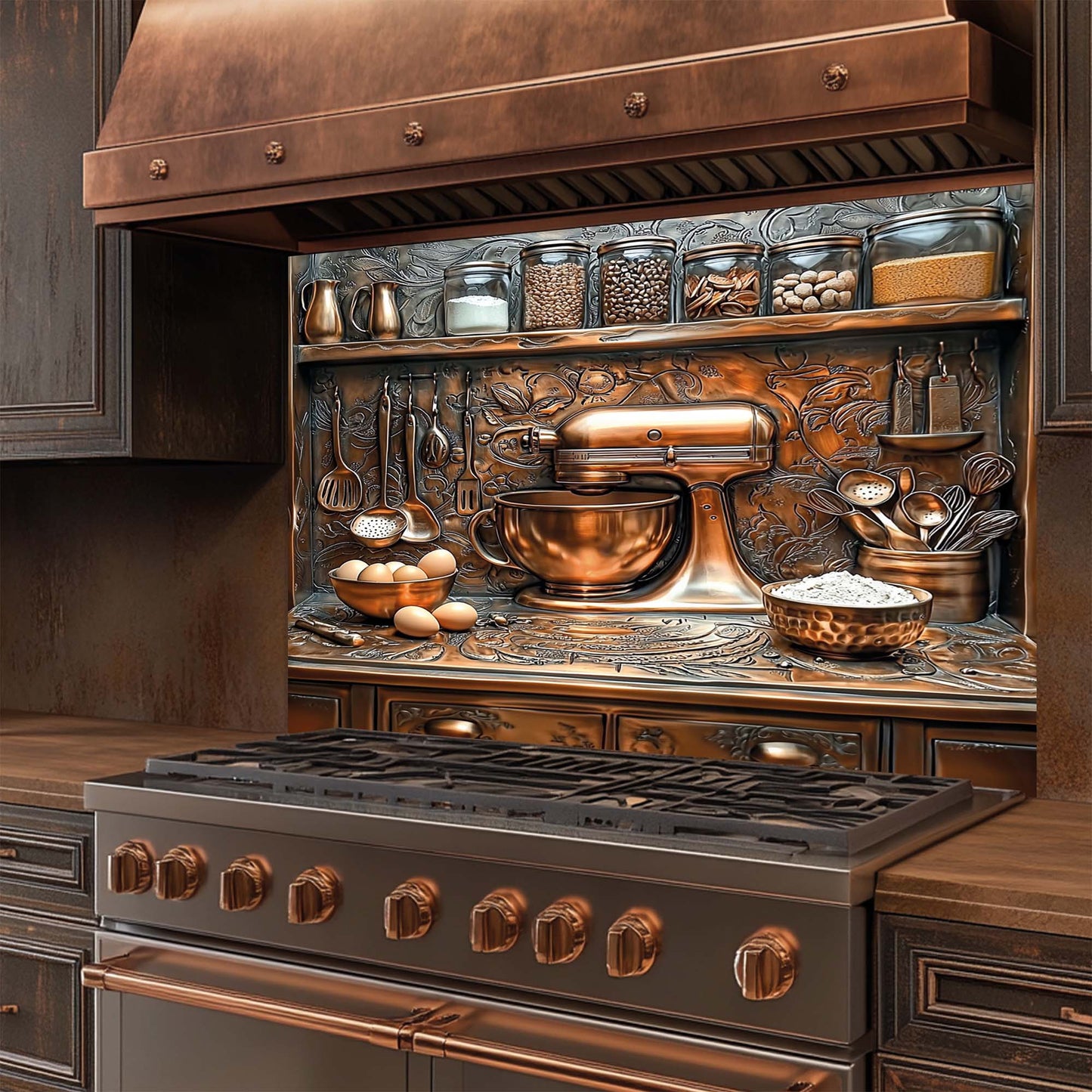 Baker – Tempered Glass Backsplash for Kitchen Stove | Baking Scene in Copper Look