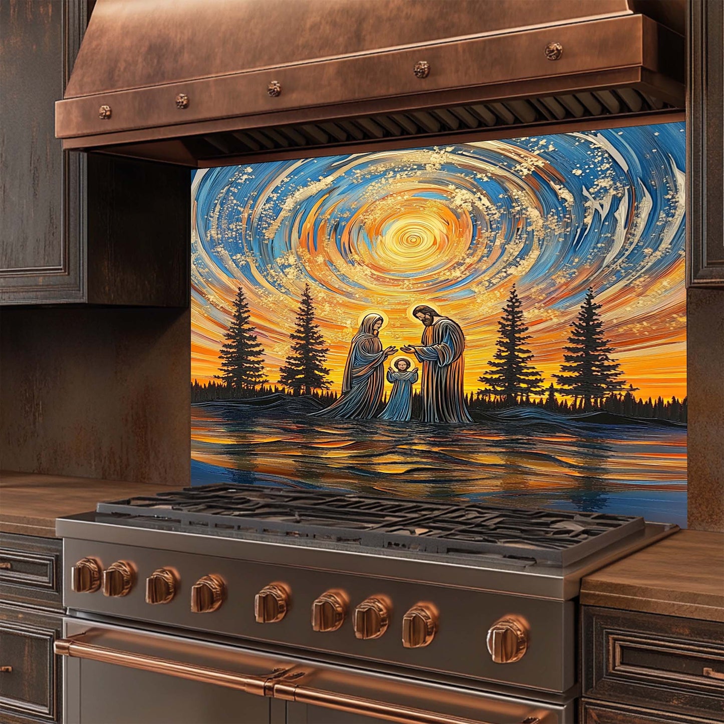 Divine Harmony – Tempered Glass Backsplash for Kitchen Stove | Holy Family Sunset Scene