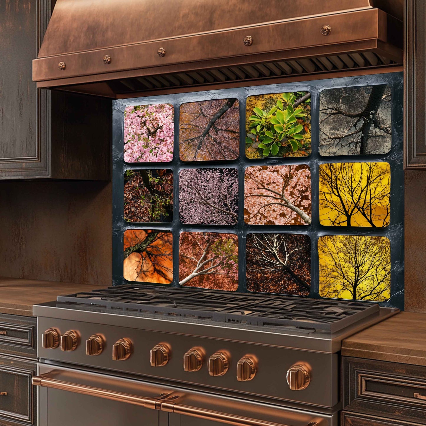 Seasonal Canopy – Tempered Glass Backsplash for Kitchen | Floral Tree Silhouette Abstract