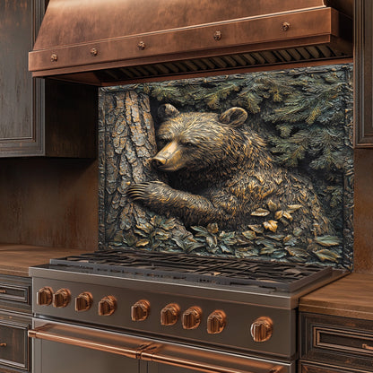 Forest Hug – Tempered Glass Backsplash for Rustic Kitchen | Bear & Pine Tree Copper Look