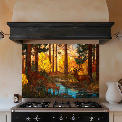 Tempered Glass Backsplash for Kitchen | Woodland Deer & Autumn Trees Stained Glass Look