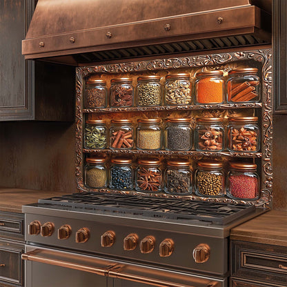 Spice Harmony – Tempered Glass Backsplash for Kitchen | Copper Look Spice Jar Splashback
