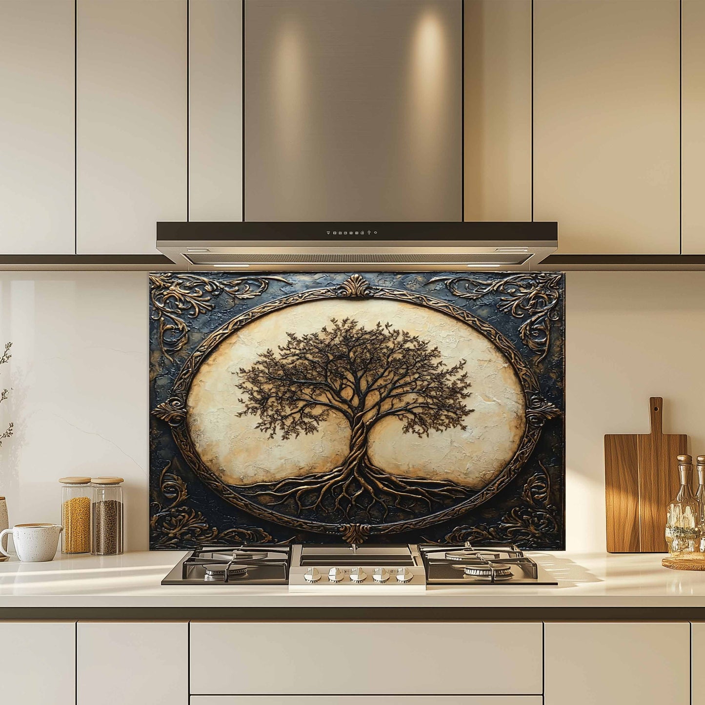 Royal Roots Tempered Glass Backsplash – Vintage Tree of Life Kitchen Stove Backsplash