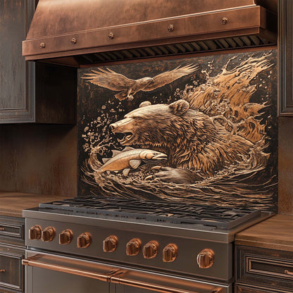 Wild Hunt – Tempered Glass Backsplash for Kitchen Stove | Bear Catching Fish in River Scene