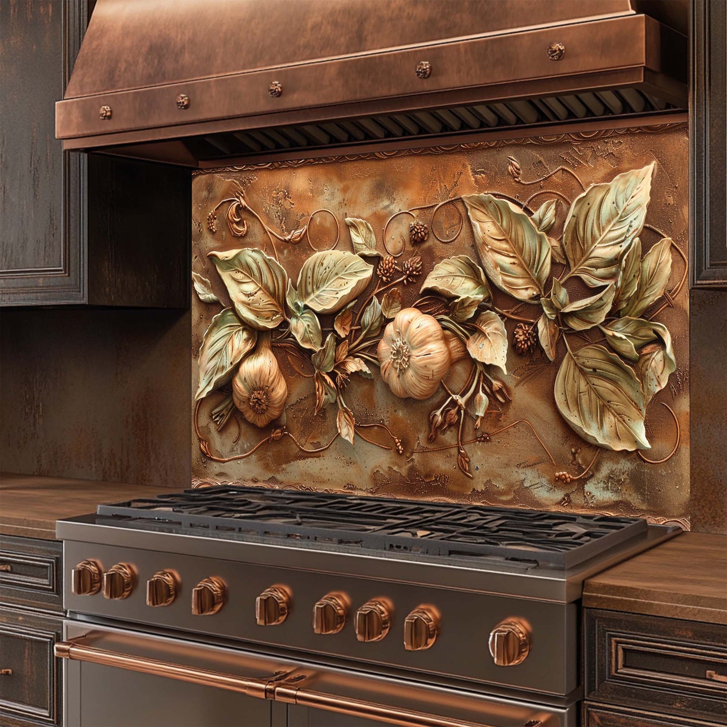 Golden Harvest Relief Tempered Glass Backsplash for Kitchen | Tuscan Garlic Backsplash