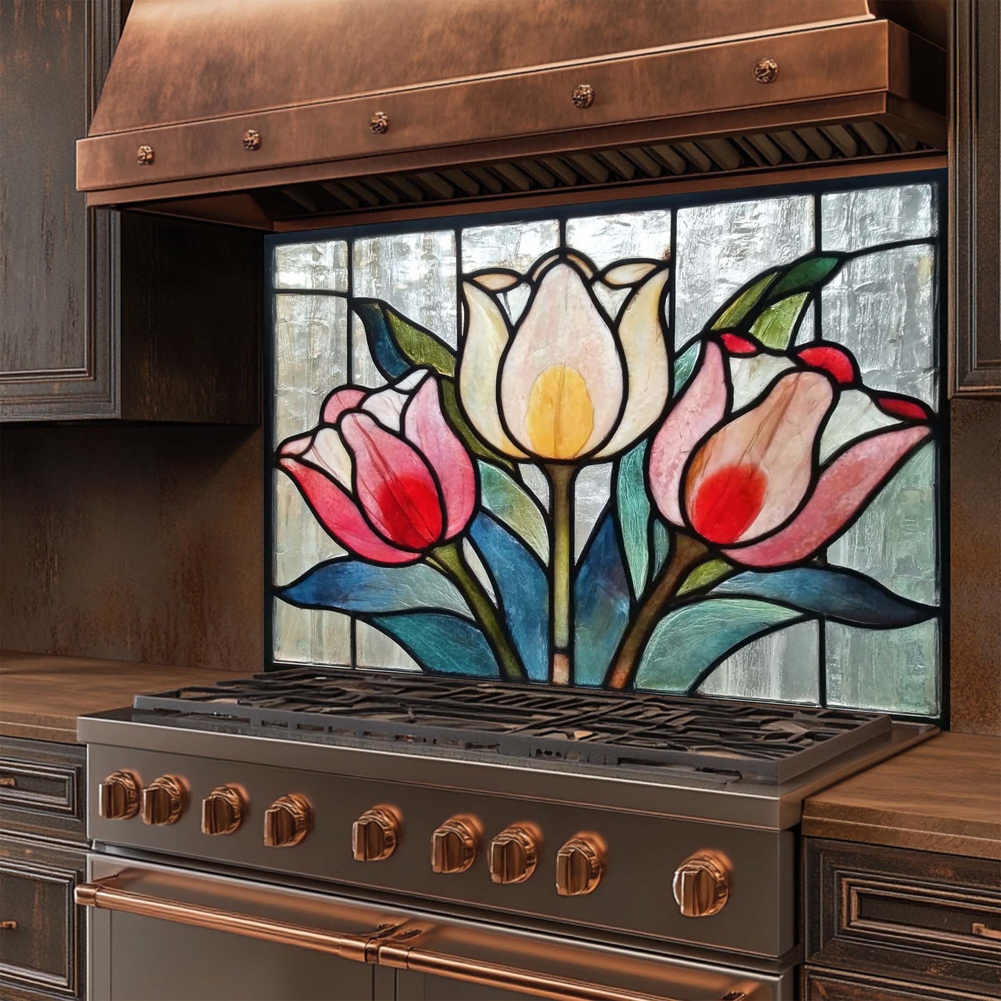 Tulip Trio – Tempered Glass Backsplash for Kitchen Stove | Stained Glass Look Tulip Backsplash
