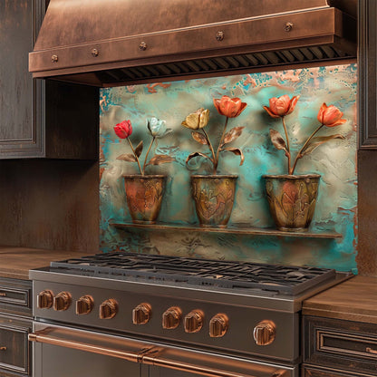 Tulip Pots – Tempered Glass Backsplash for Kitchen Stove | Copper Look Floral Backsplash