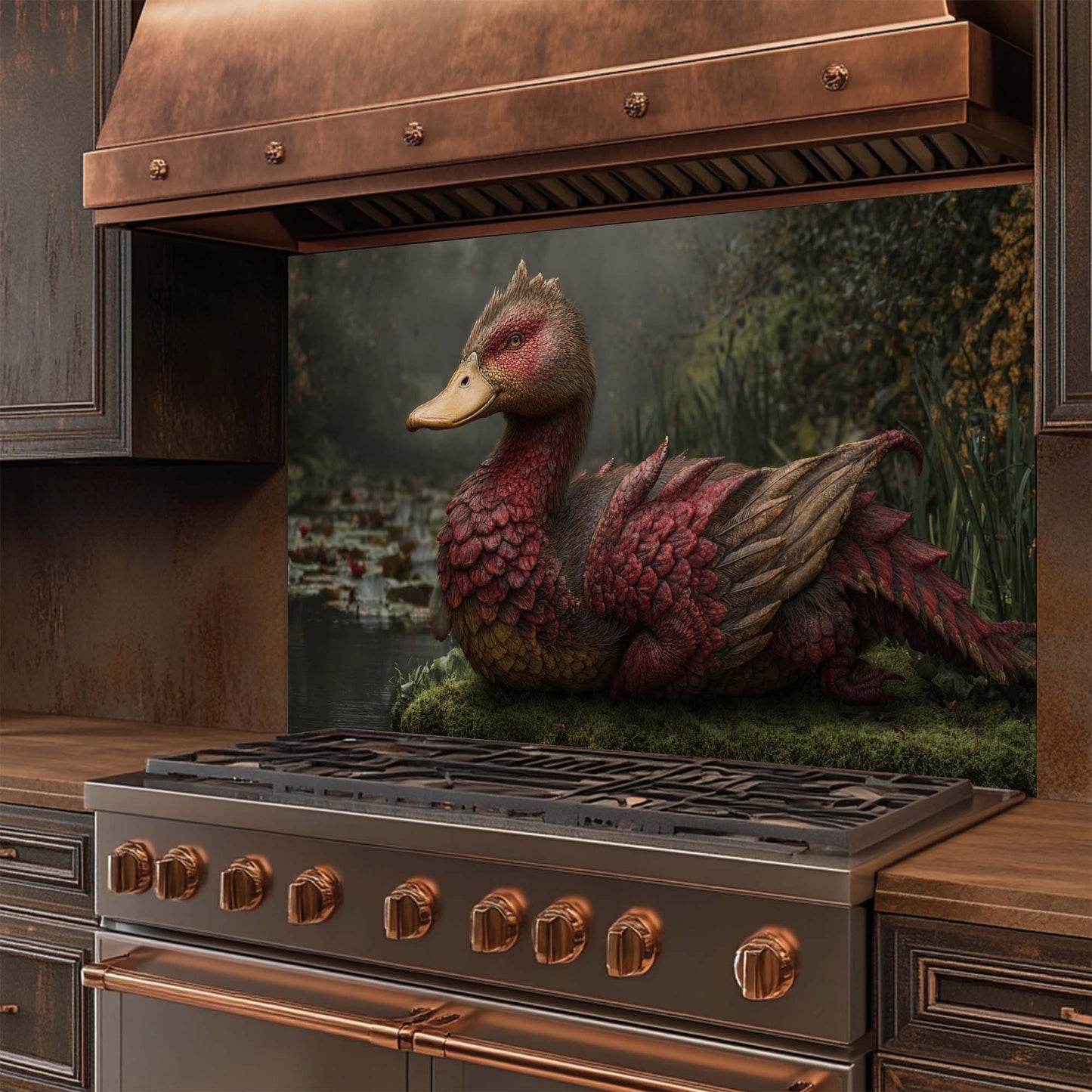 Dragonbill – Tempered Glass Backsplash for Kitchen | Mythical Duck-Dragon Backsplash