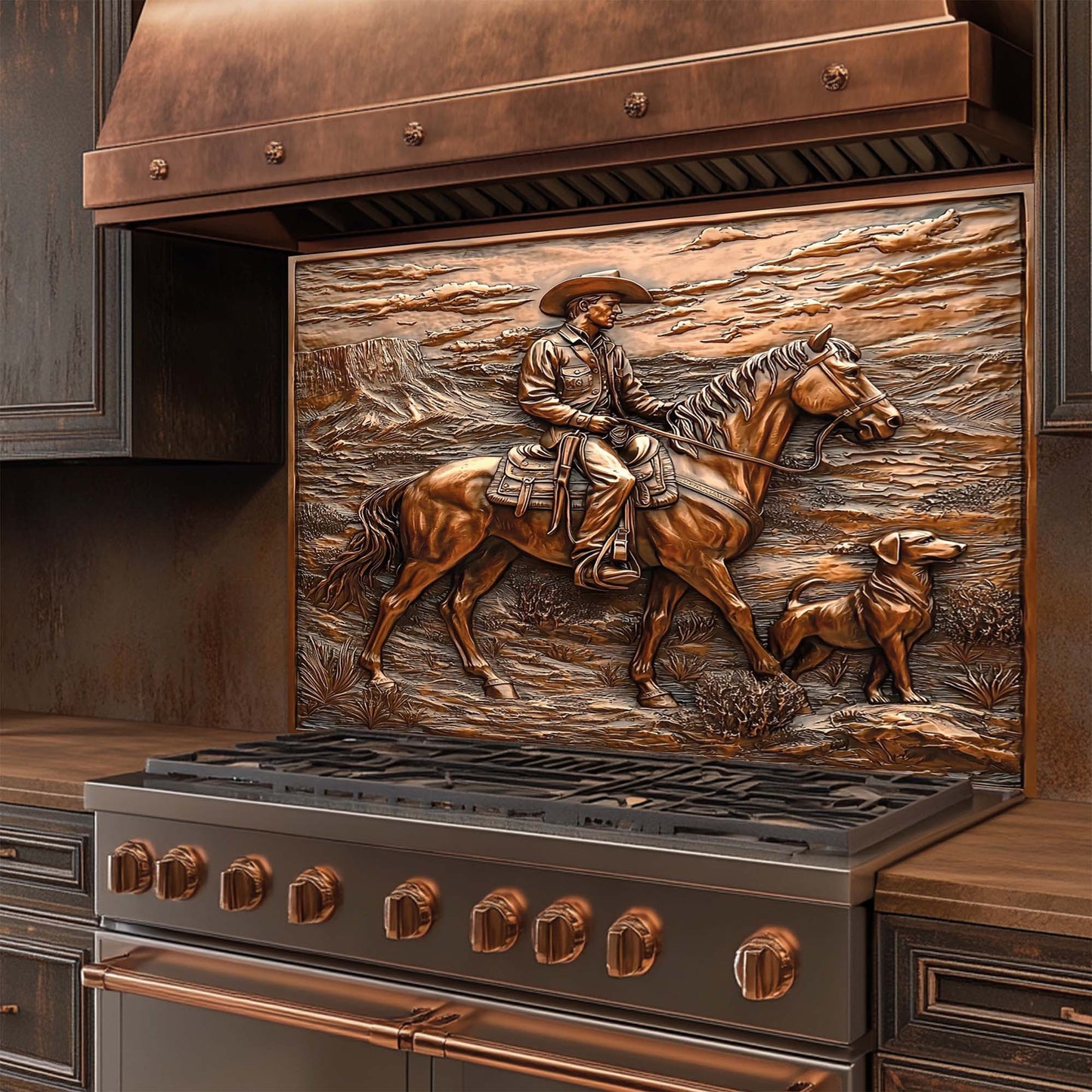 Desert Trail – Tempered Glass Backsplash with Cowboy and Dog | Western Backsplash