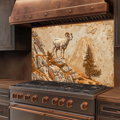 Mountain Pride – Tempered Glass Backsplash for Kitchen | Wild Ram on Rocky Cliff Backsplash