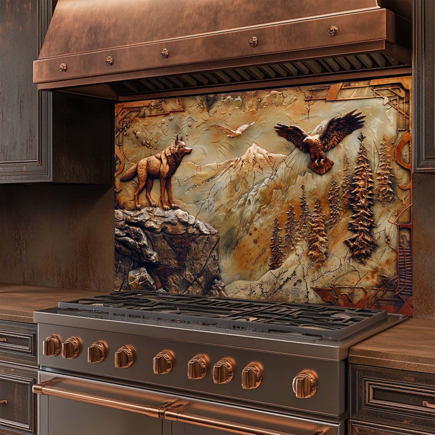 Eagle Wolf – Tempered Glass Backsplash for Kitchen | Bronze Wolf & Mountain Backsplash