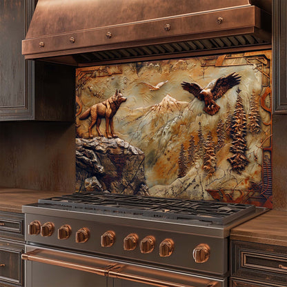 Eagle Wolf – Tempered Glass Backsplash for Kitchen | Bronze Wolf & Mountain Backsplash