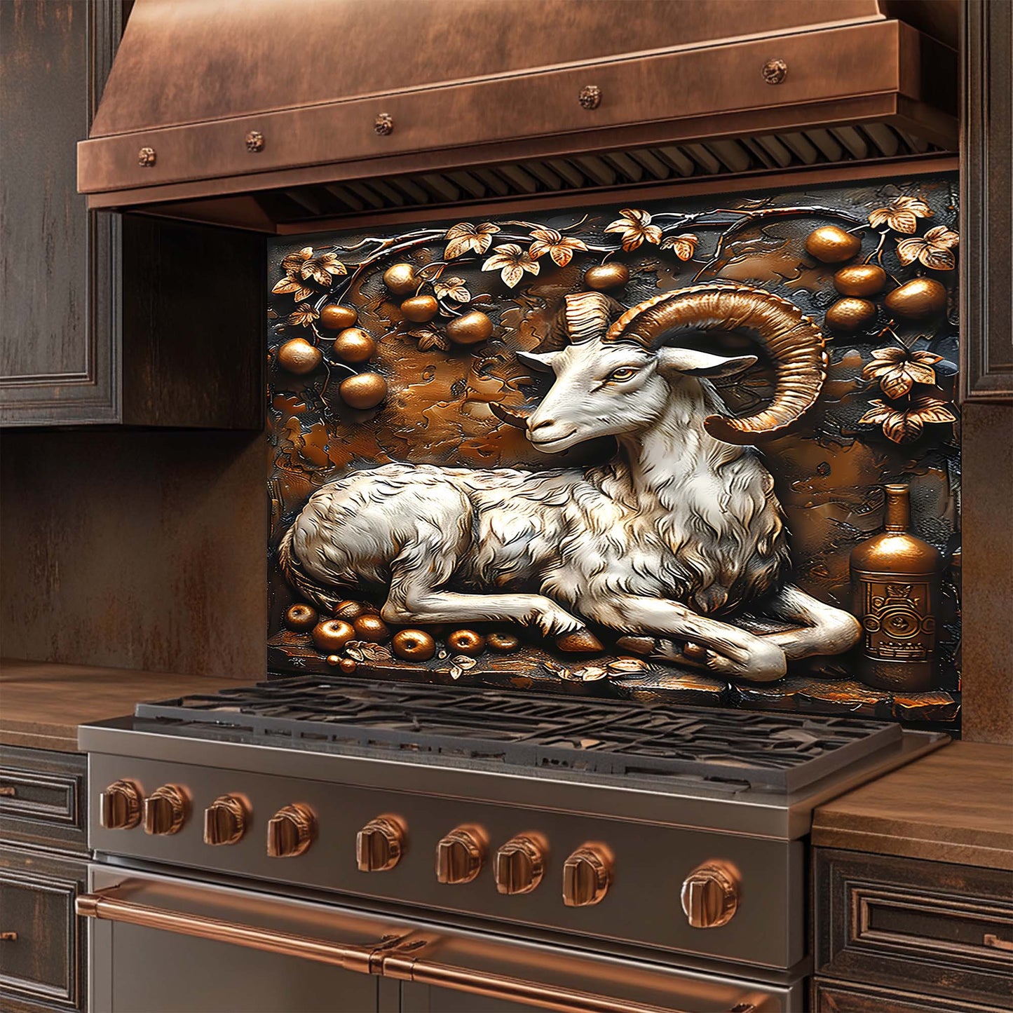 Golden Ram – Tempered Glass Backsplash for Kitchen Stove | Copper Look Ram Backsplash
