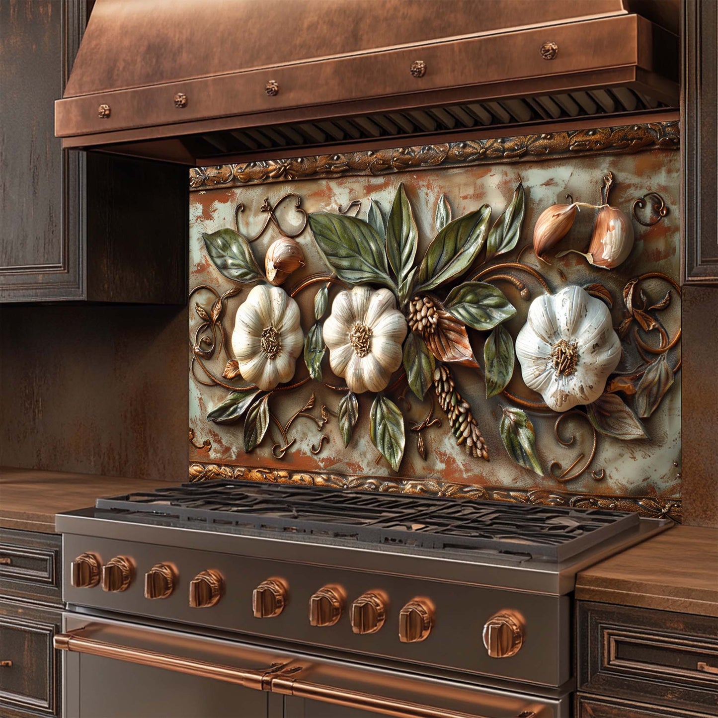 Tuscan Garlic Garden Tempered Glass Backsplash for Kitchen | Garlic & Leaf Backsplash