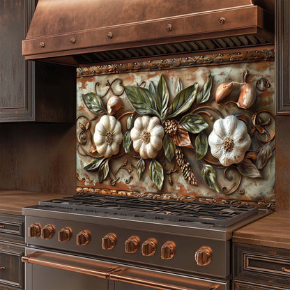 Tuscan Garlic Garden Tempered Glass Backsplash for Kitchen | Garlic & Leaf Backsplash