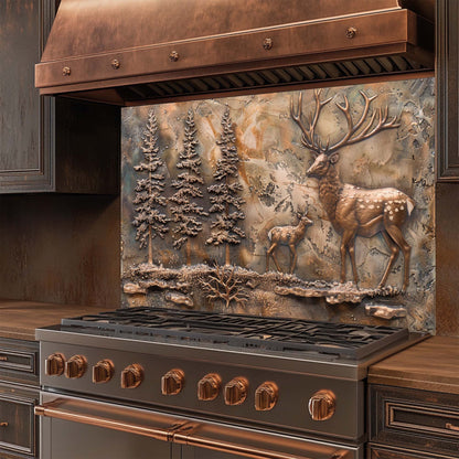 Bronze Elk Scene – Tempered Glass Backsplash for Kitchen | Forest Deer Stove Backsplash